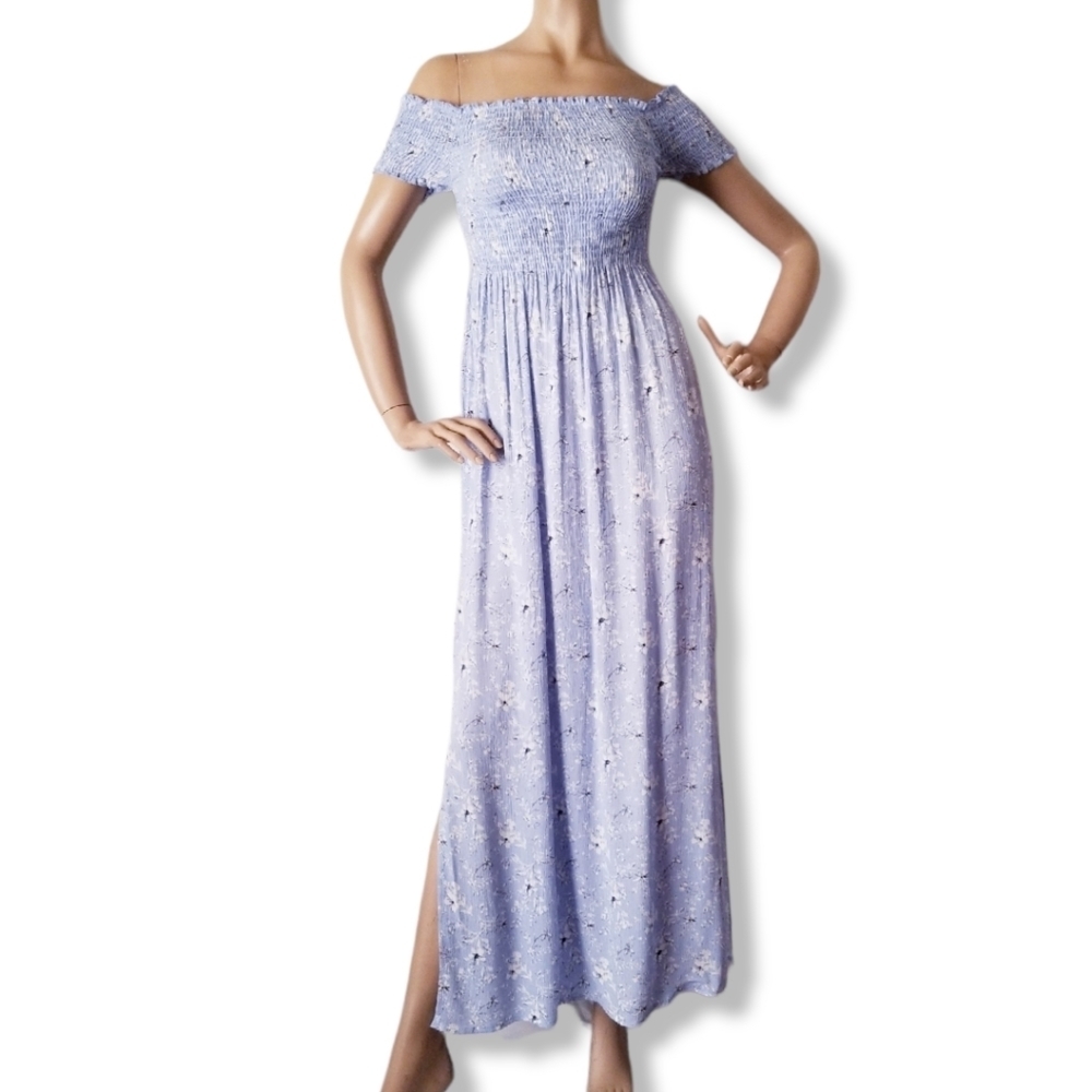 Blossom Clothing Blue & White Floral Off Shoulder Smocked Maxi Dress